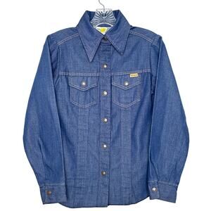 Vintage 1970's Sears Toughskins Lemon Frog Denim Snap dagger collar shirt XS